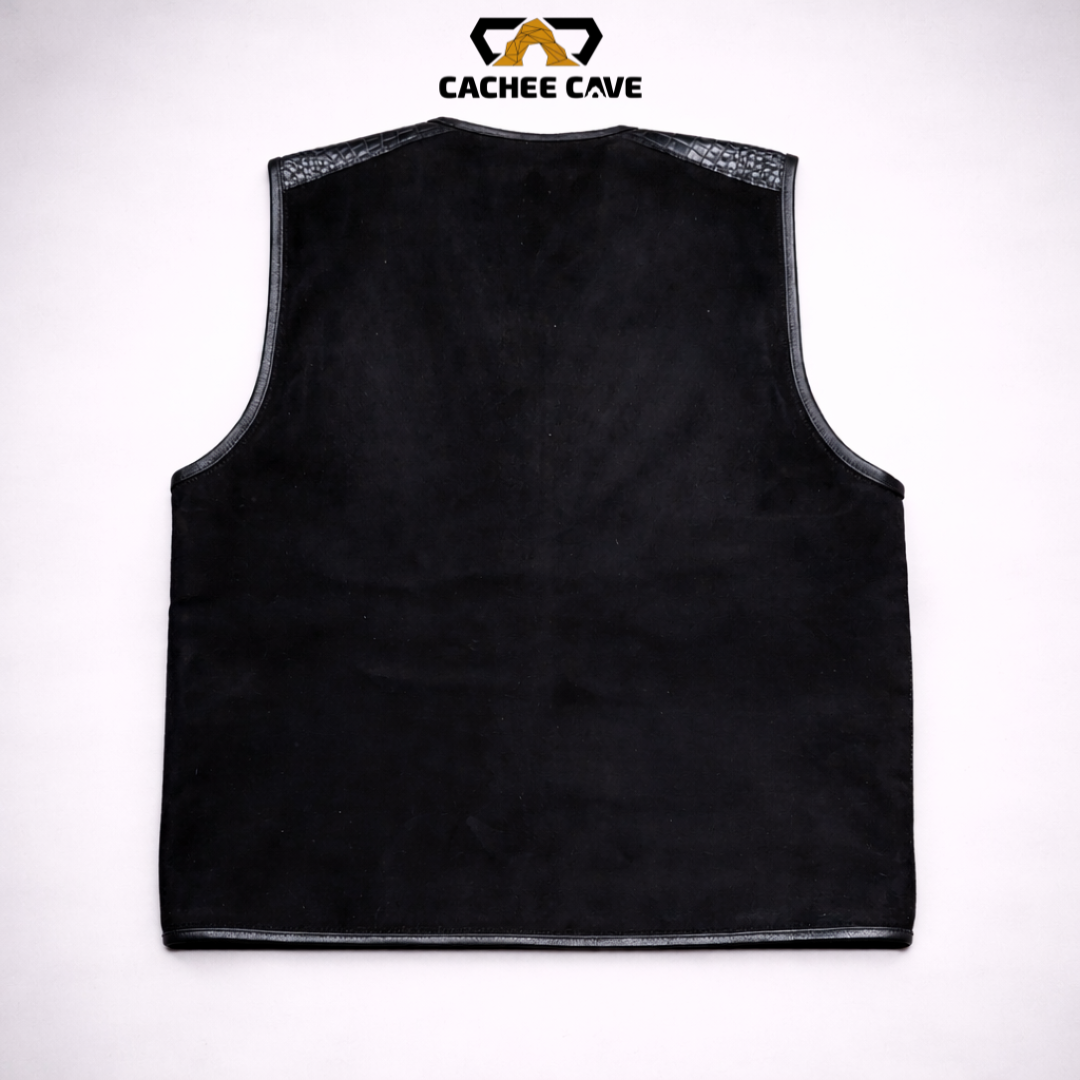 Euro Style Black Suede Leather Vest – Croc Shoulder Detail