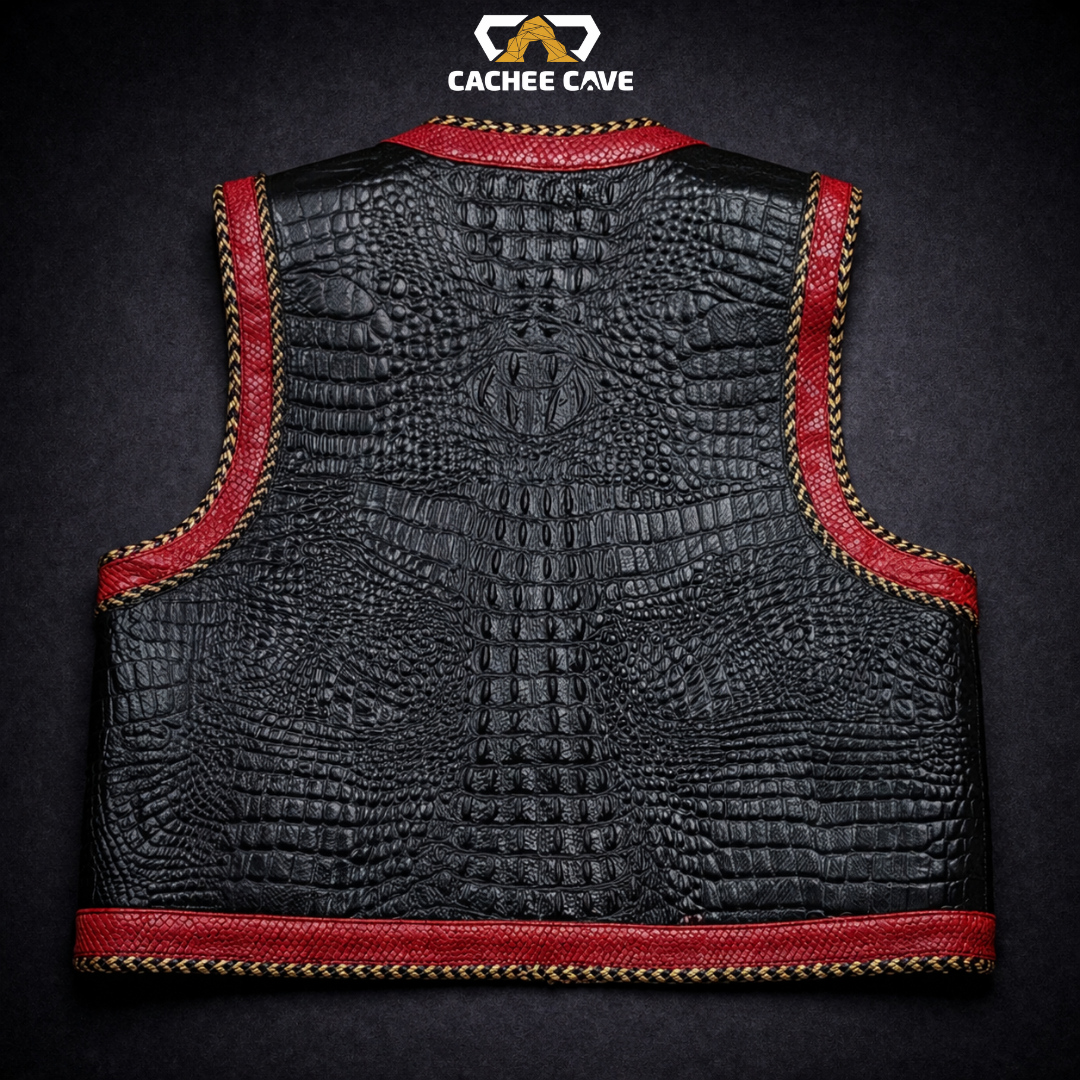 New Zealand Style Croc Border Leather Vest – Black Embossed & Red Snake Trim