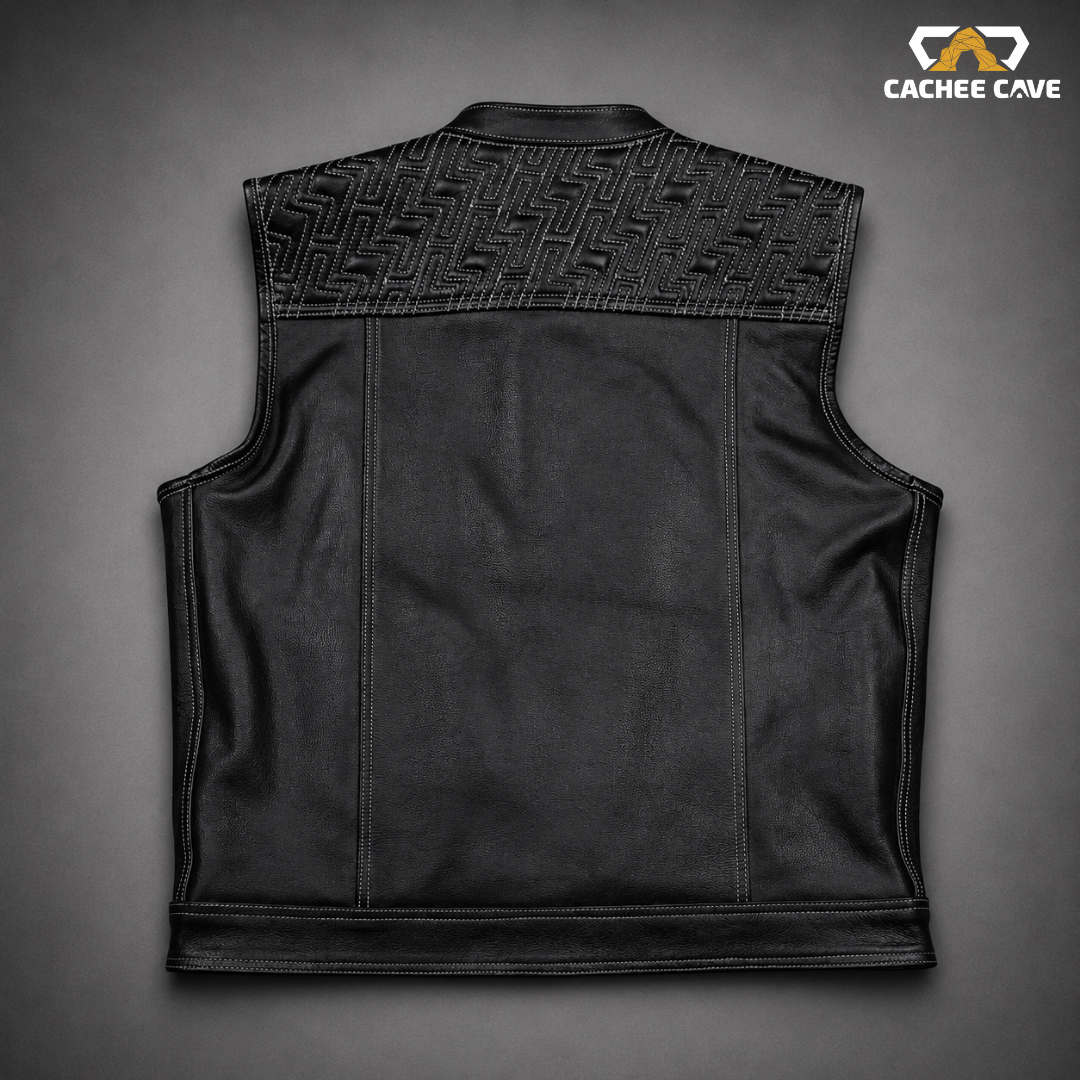 Men’s Double Bolt Leather Vest – Black Cowhide Biker Style