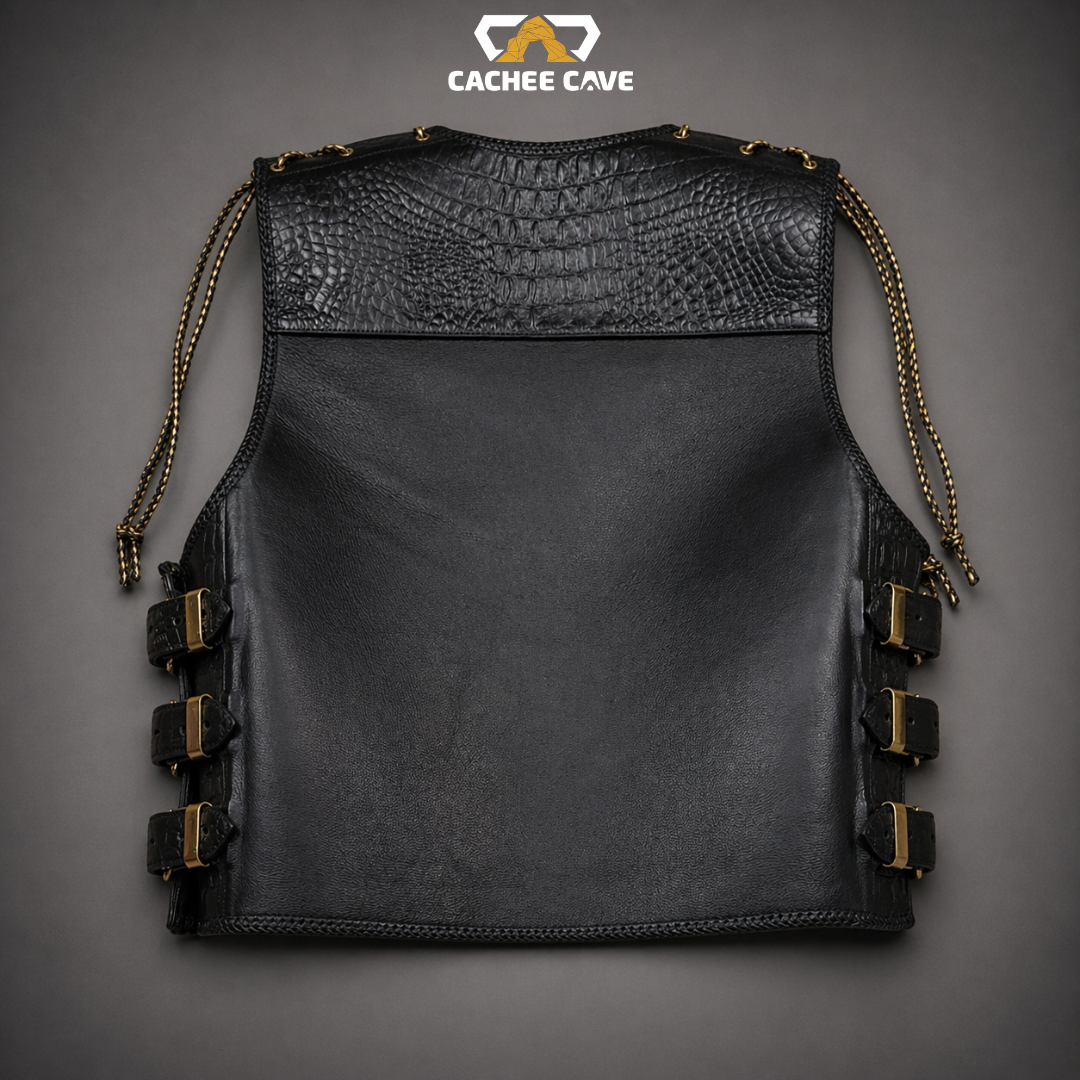 Men’s Black Croc Leather Vest – New Zealand Style Buckles