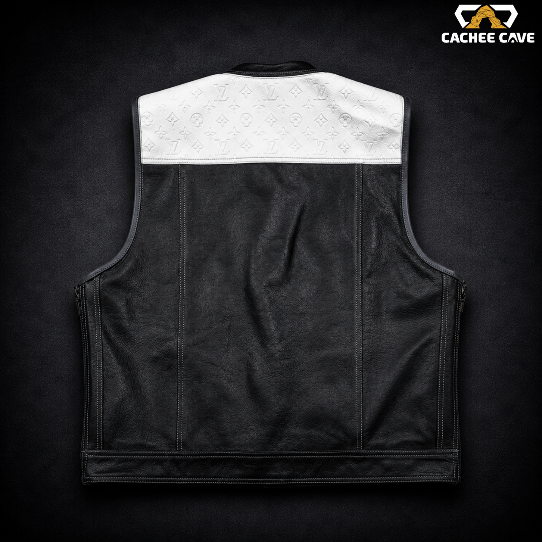Men’s Black Leather Vest with White Designer Panel