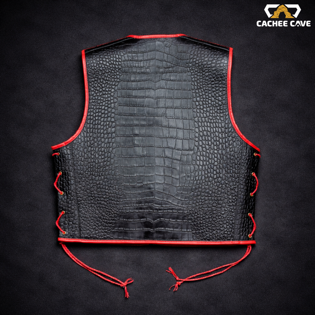 New Zealand Style Croc Belly Leather Vest – Black with Red Trim