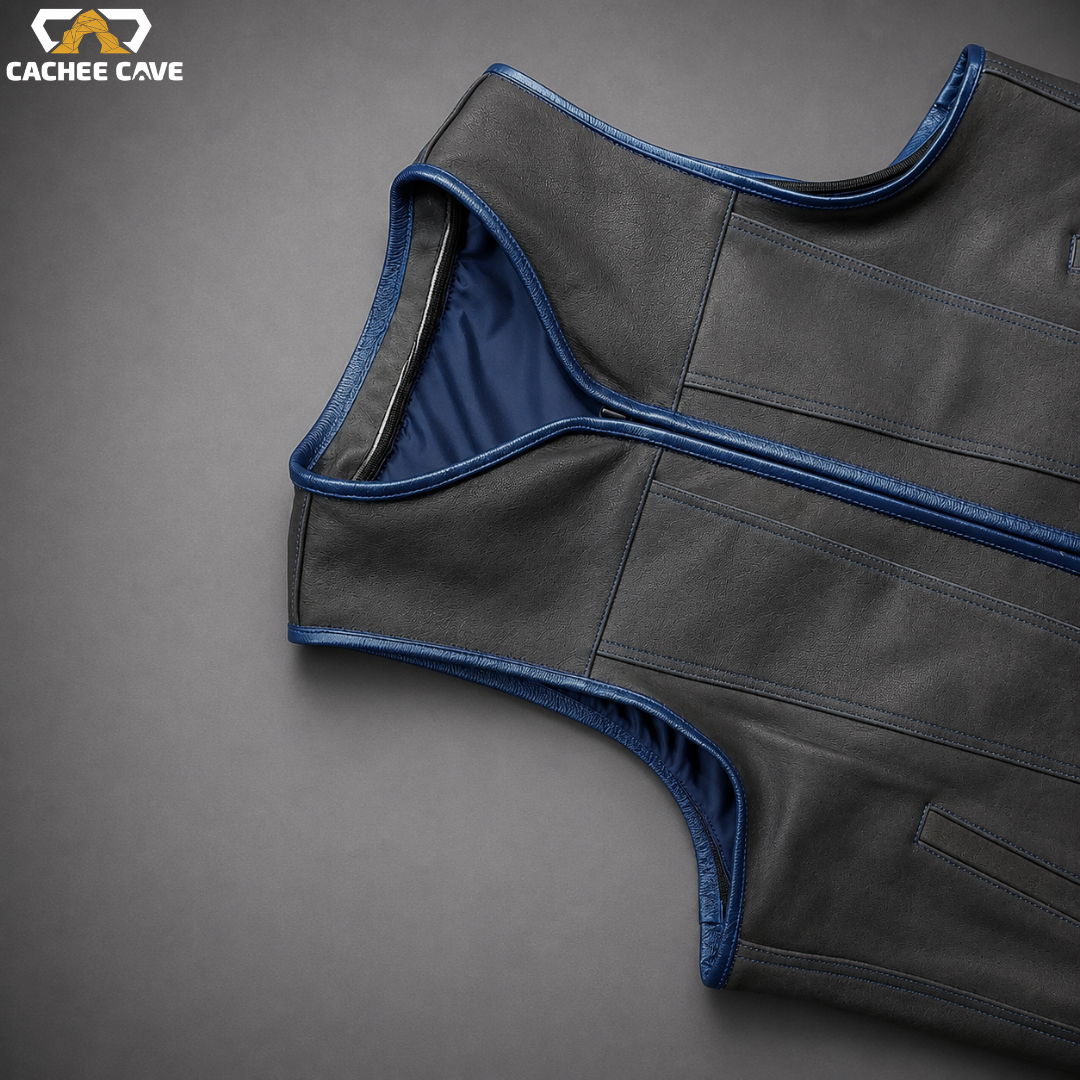 Black Leather Biker Vest with Navy Blue Details