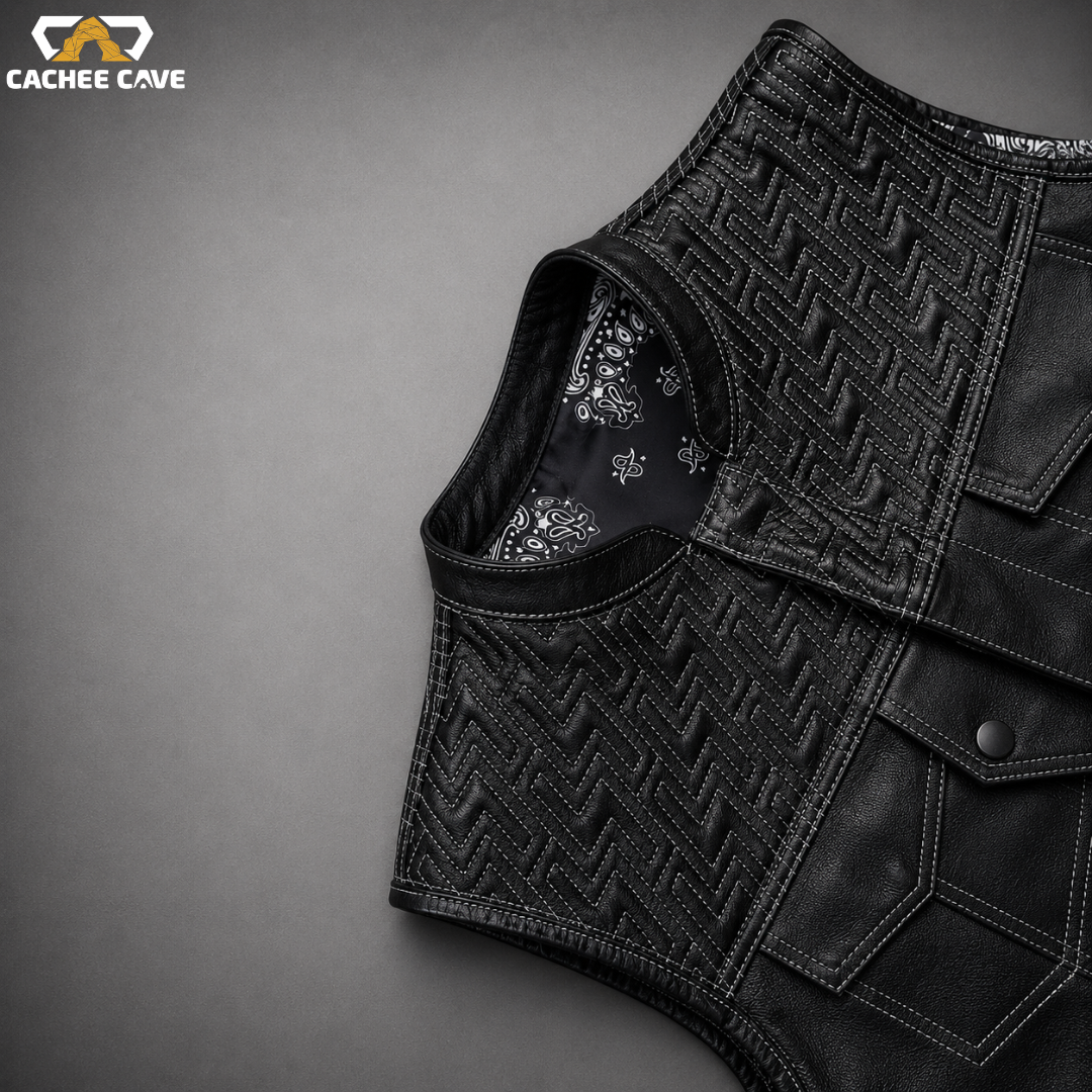 Men’s Double Bolt Leather Vest – Black Cowhide Biker Style