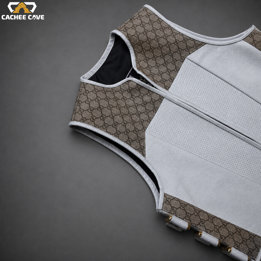 Premium White Leather Tactical Vest with Gold YKK Zipper