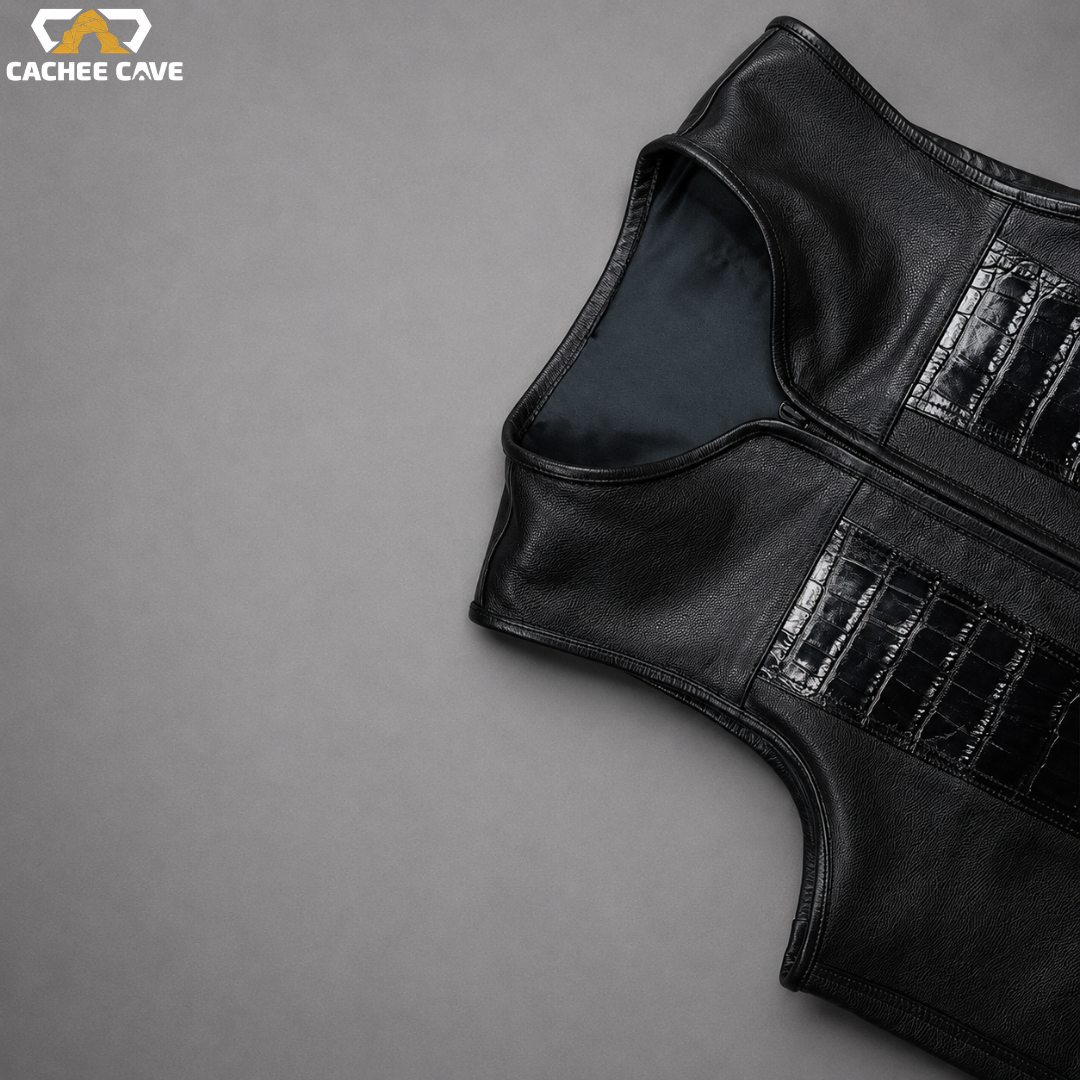 Premium Black Euro Motorcycle Waistcoat with Croc Detailing
