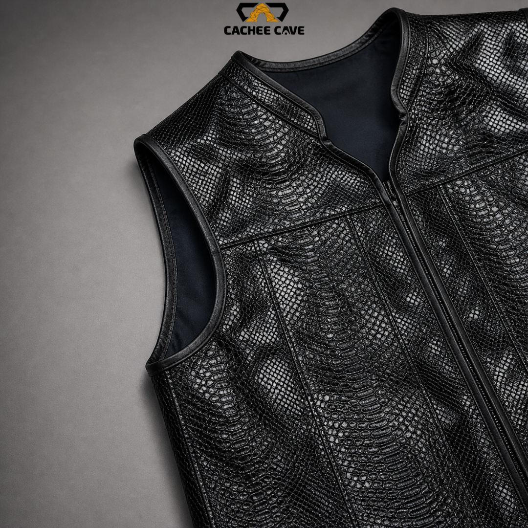 Men’s Black Snake Leather Vest – Euro Style Biker Vest