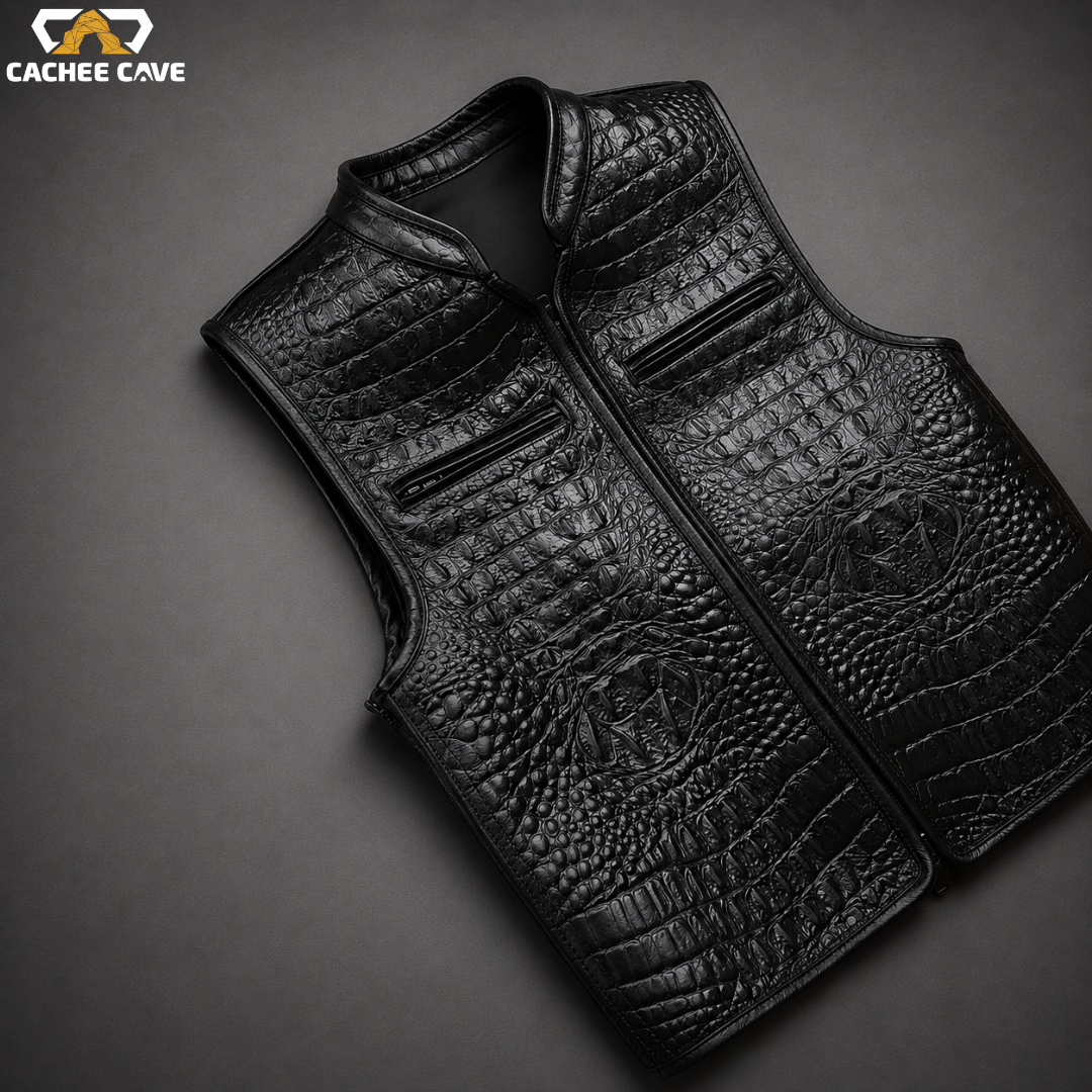 Premium Black Crocodile Cowhide Leather Biker Vest
