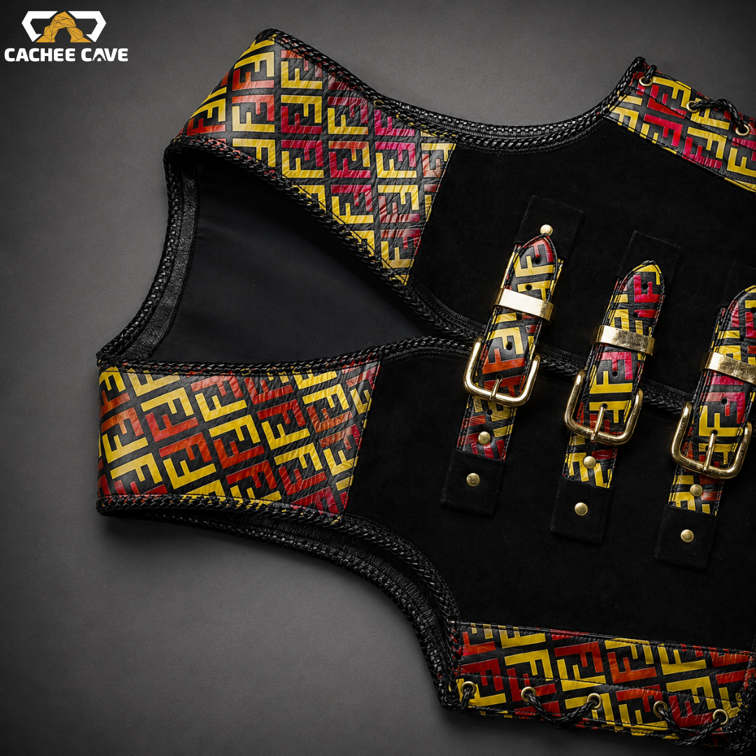 Premium Custom Print Leather Vest with Gold Buckles