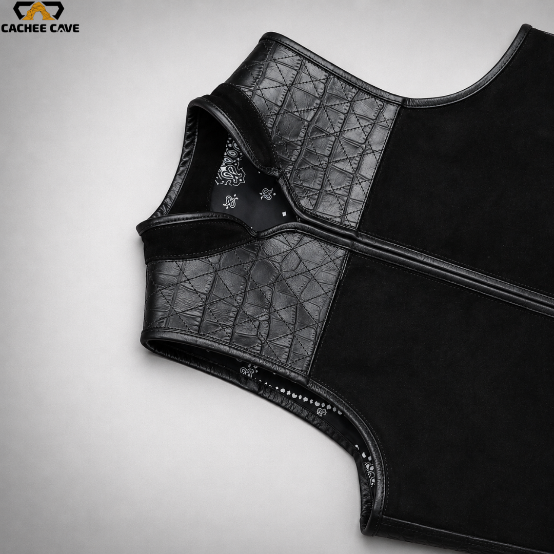 Euro Style Black Suede Leather Vest with Croc Belly Panels
