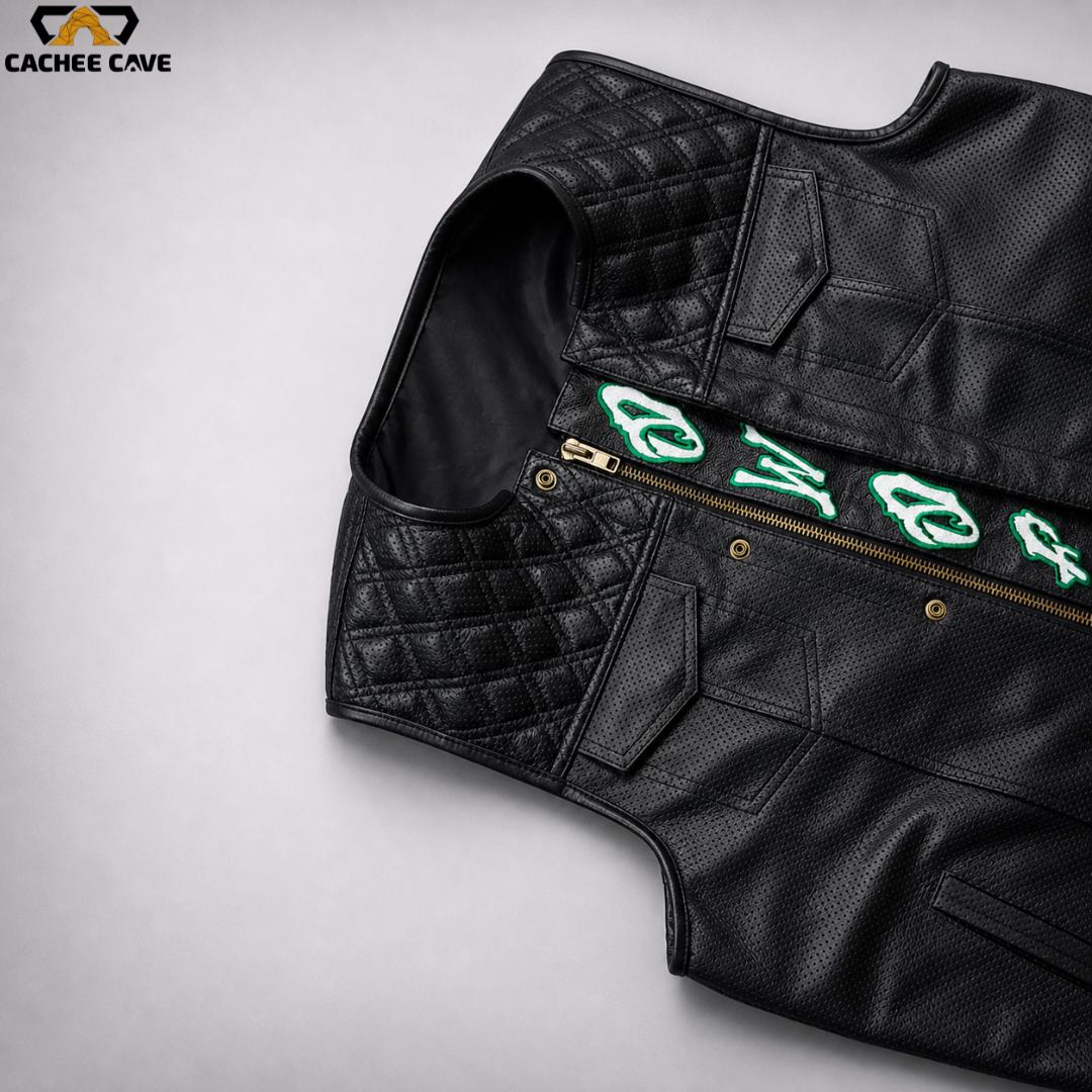 Men’s Perforated Leather Vest – Double Diamond Quilted Style