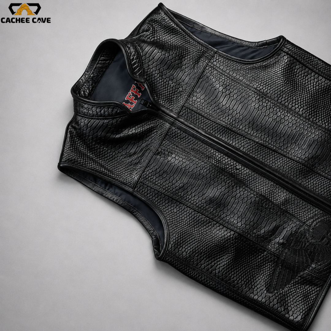 Men’s Black Embossed Snake Leather Vest – Euro Style
