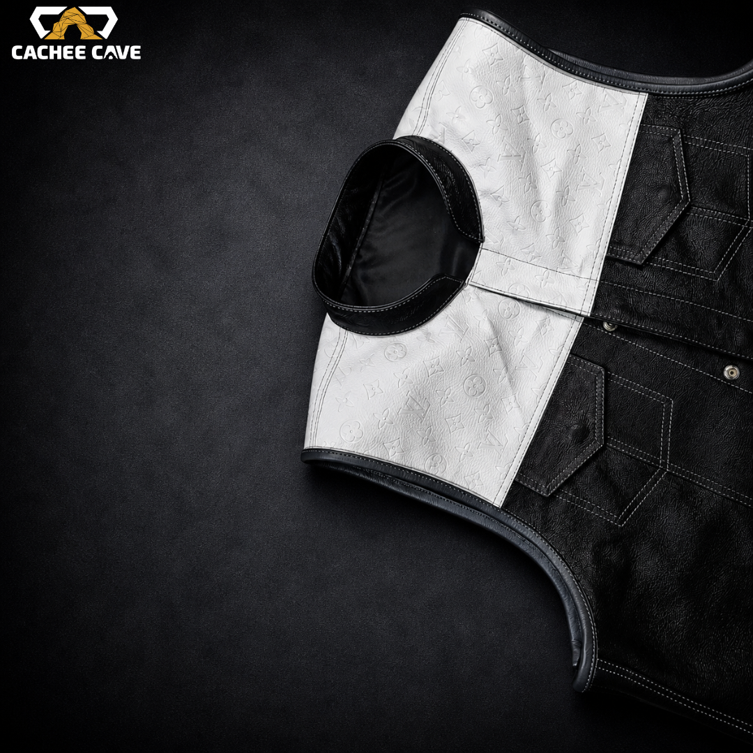 Men’s Black Leather Vest with White Designer Panel