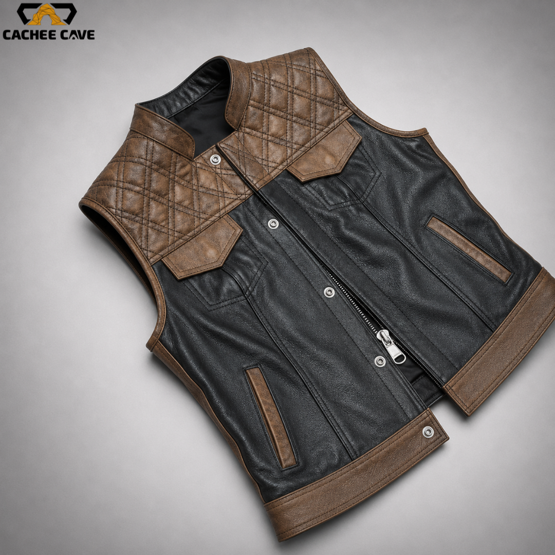 Women's Double Diamond Leather Vest – Black & Brown Cowhide