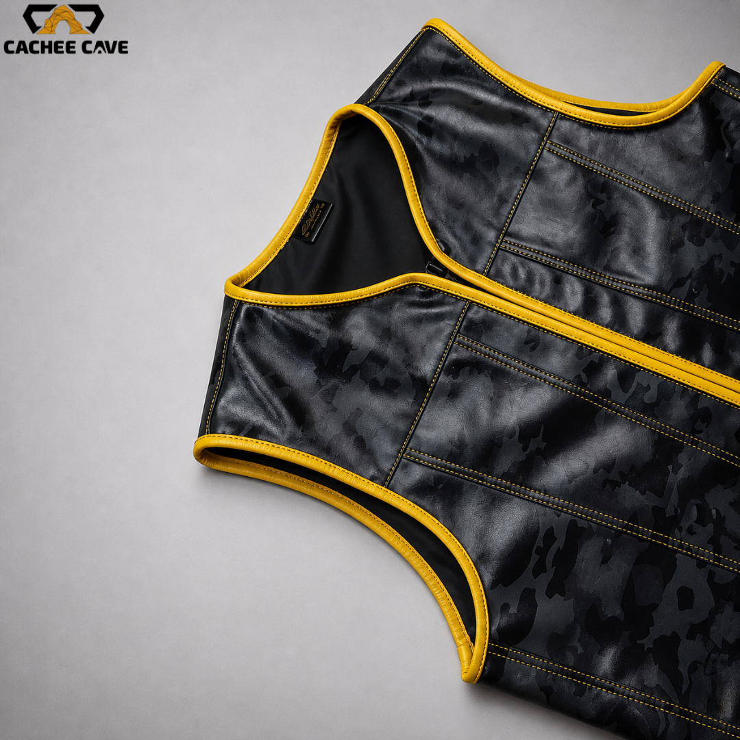 Men’s Black Camo Leather Vest – Euro Style Design