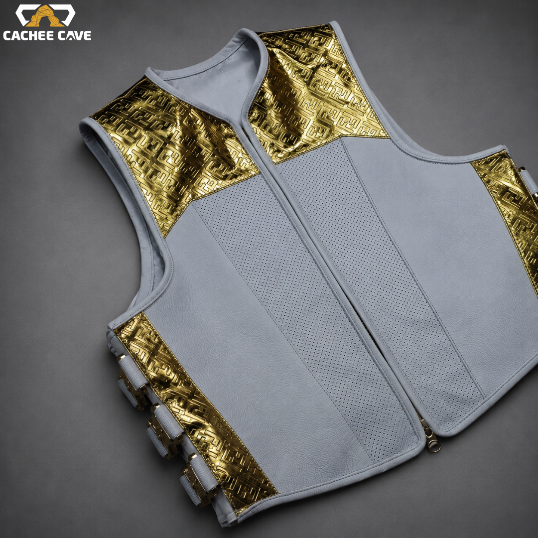 Premium White Leather Tactical Vest with Gold Zipper
