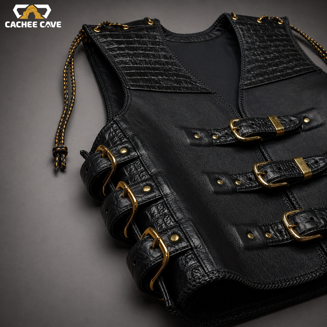Men’s Black Croc Leather Vest – New Zealand Style Buckles