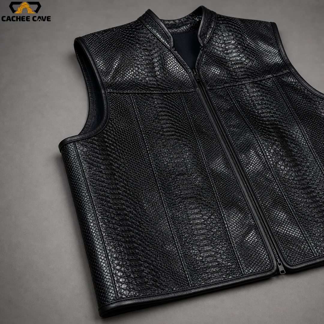 Men’s Black Snake Leather Vest – Euro Style Biker Vest