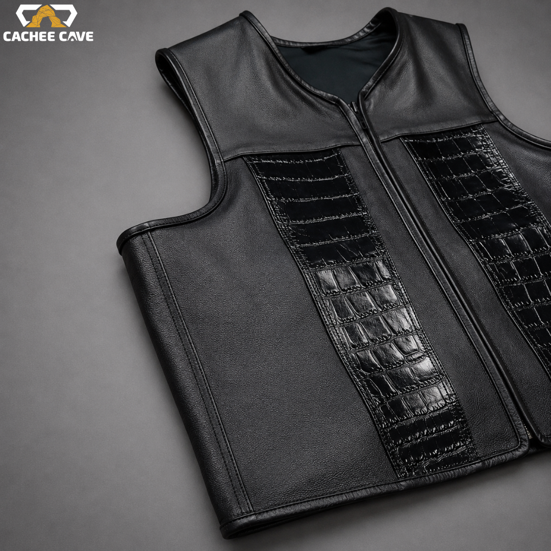 Black Cowhide Euro Style Motorcycle Leather Vest
