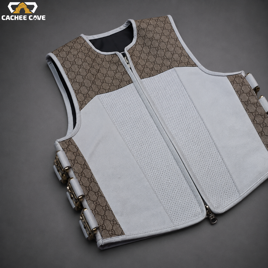 Men's White Leather Tactical Motorcycle Vest
