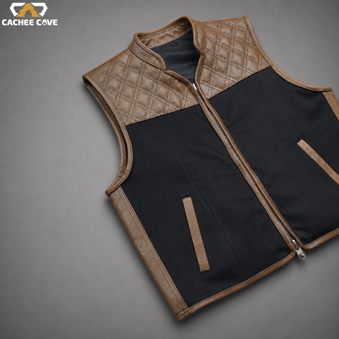 Premium US Style Leather Denim Vest with Diamond Stitching
