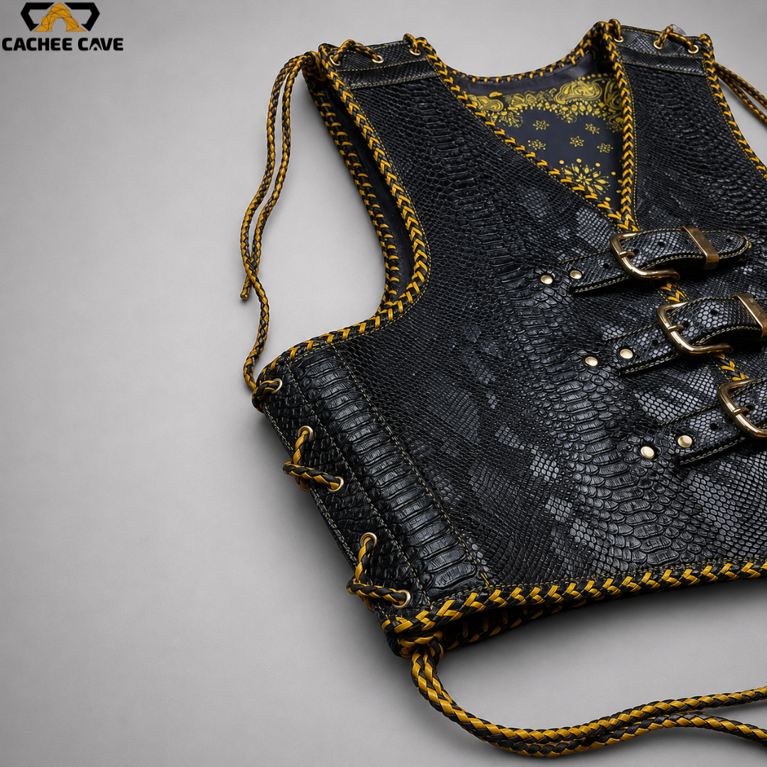 Men's Black Snake Pattern Australian Motorcycle Vest
