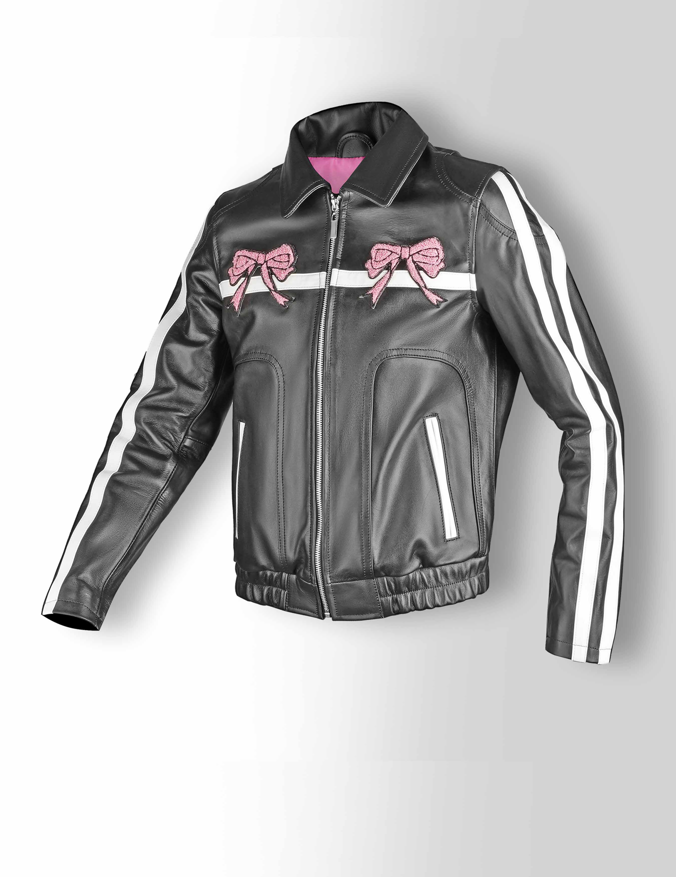 Cachee Cave Pink Ribbon Leather Jacket For Women's
