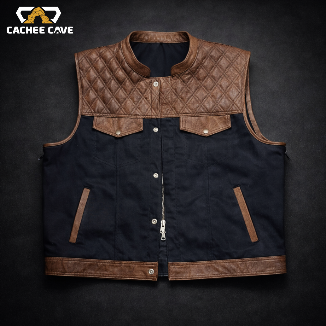 US Style Brown Wax Cowhide Leather & Black Denim Vest – Quilted Diamond Stitch