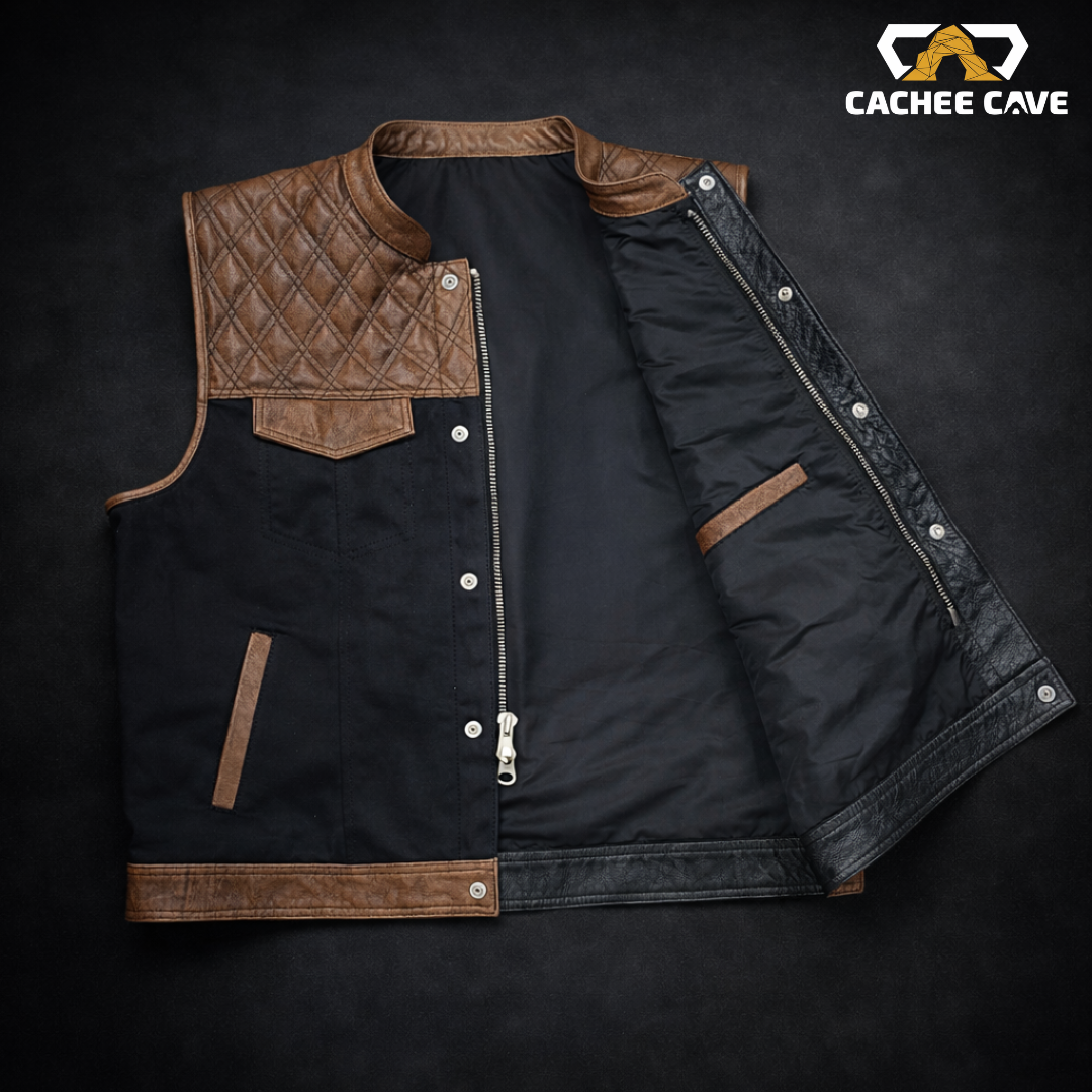 US Style Brown Wax Cowhide Leather & Black Denim Vest – Quilted Diamond Stitch