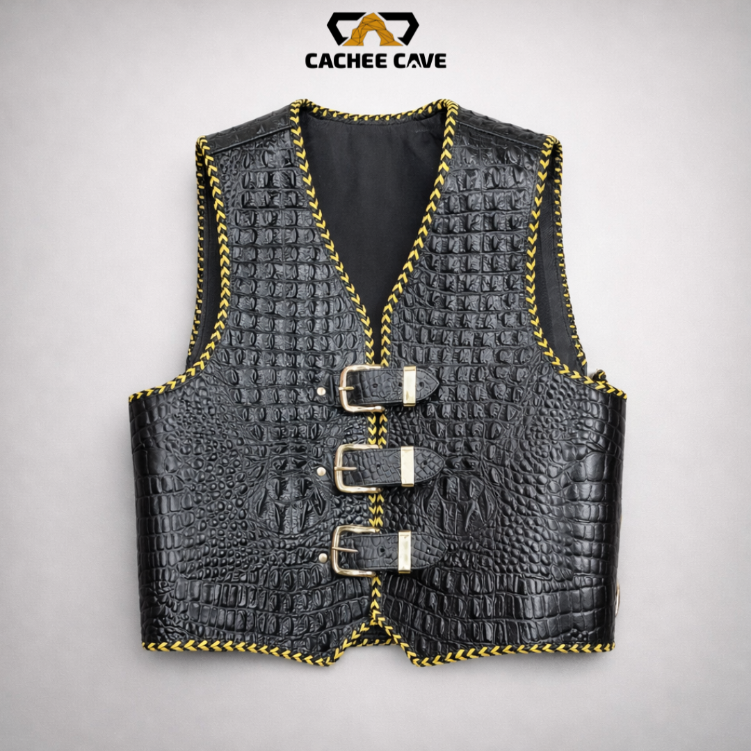 Australian Style Crocodile Embossed Cowhide Leather Vest – Black Buckle Closure