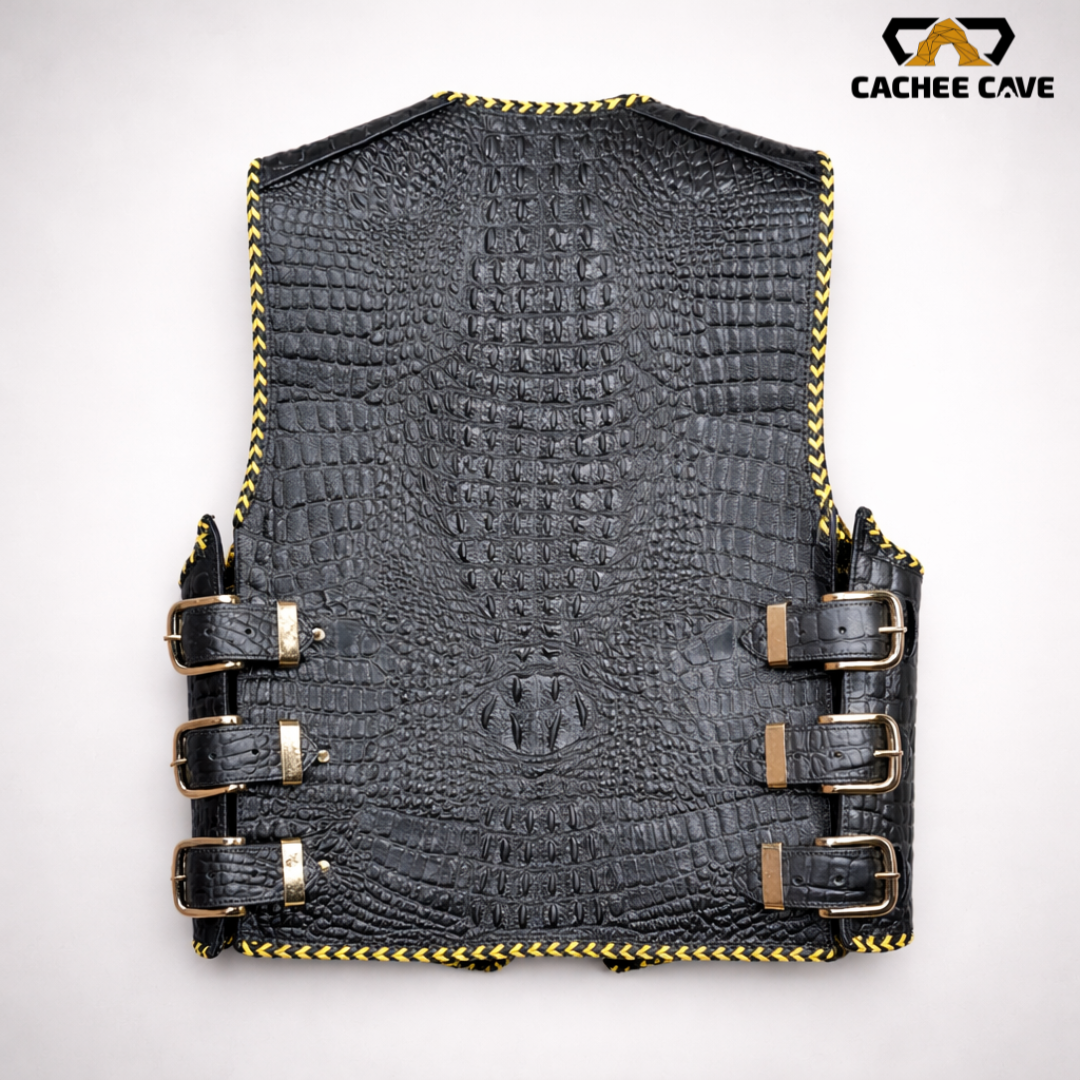 Australian Style Crocodile Embossed Cowhide Leather Vest – Black Buckle Closure