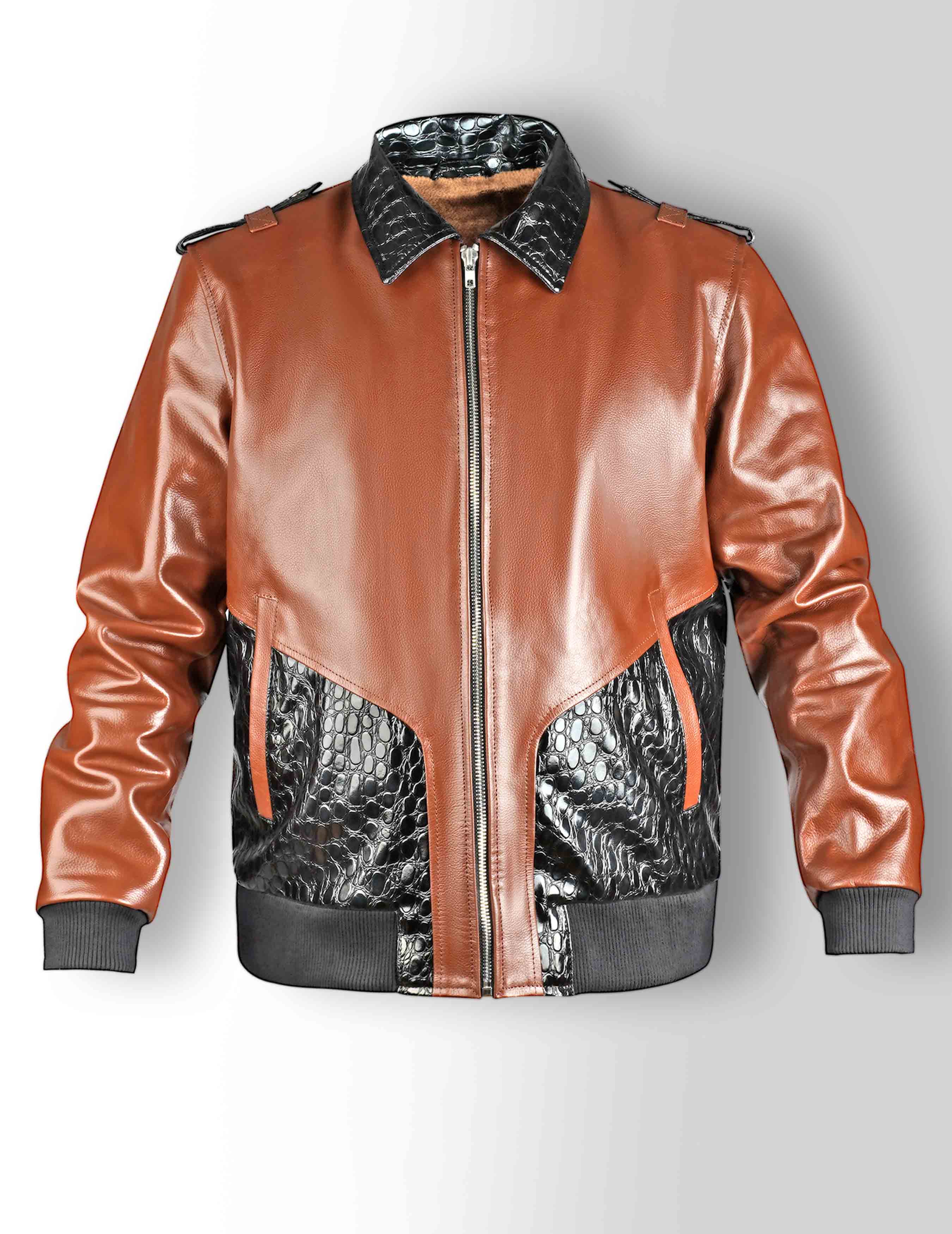 crocodile Embossed Leather Jacket 