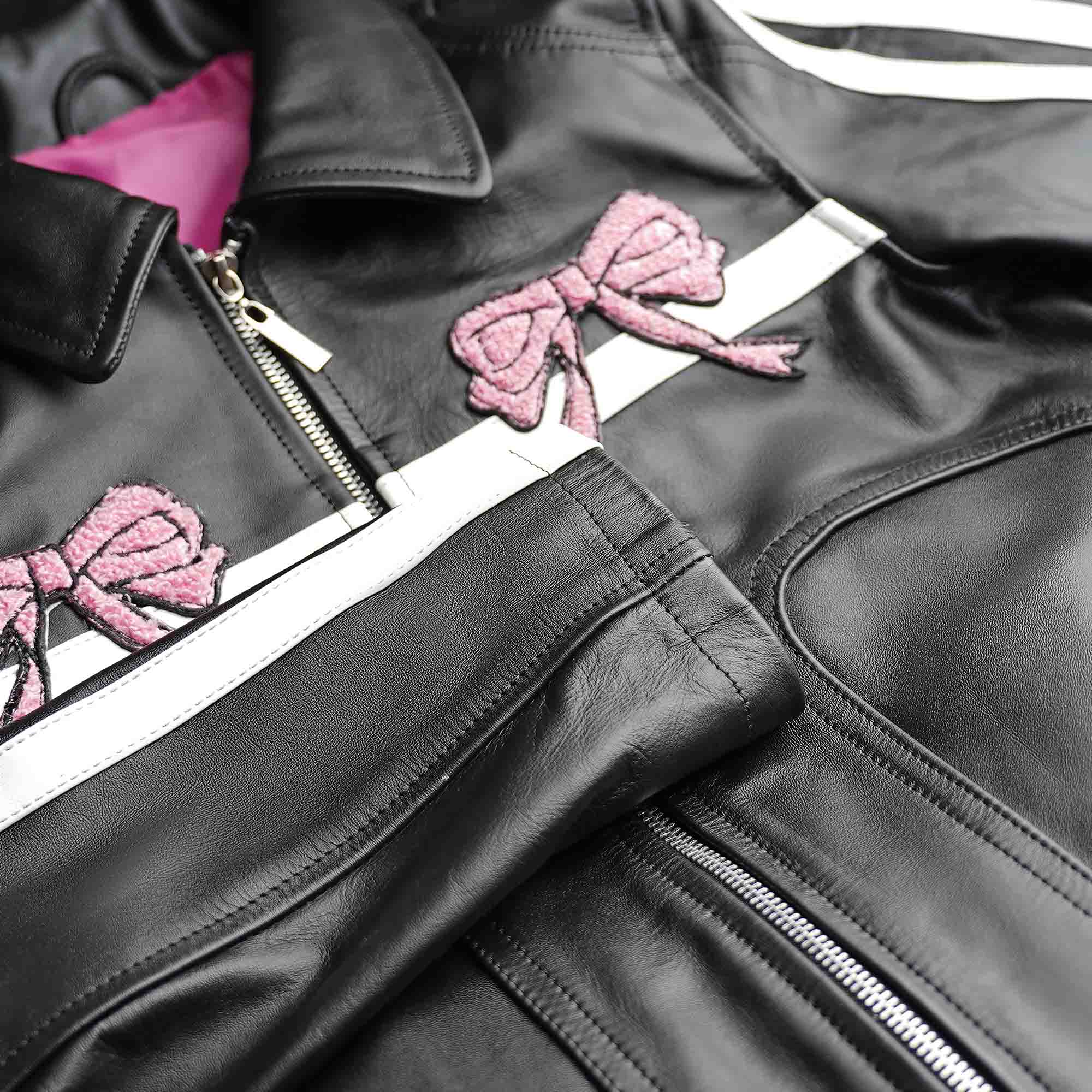 Cachee Cave Pink Ribbon Leather Jacket For Women's