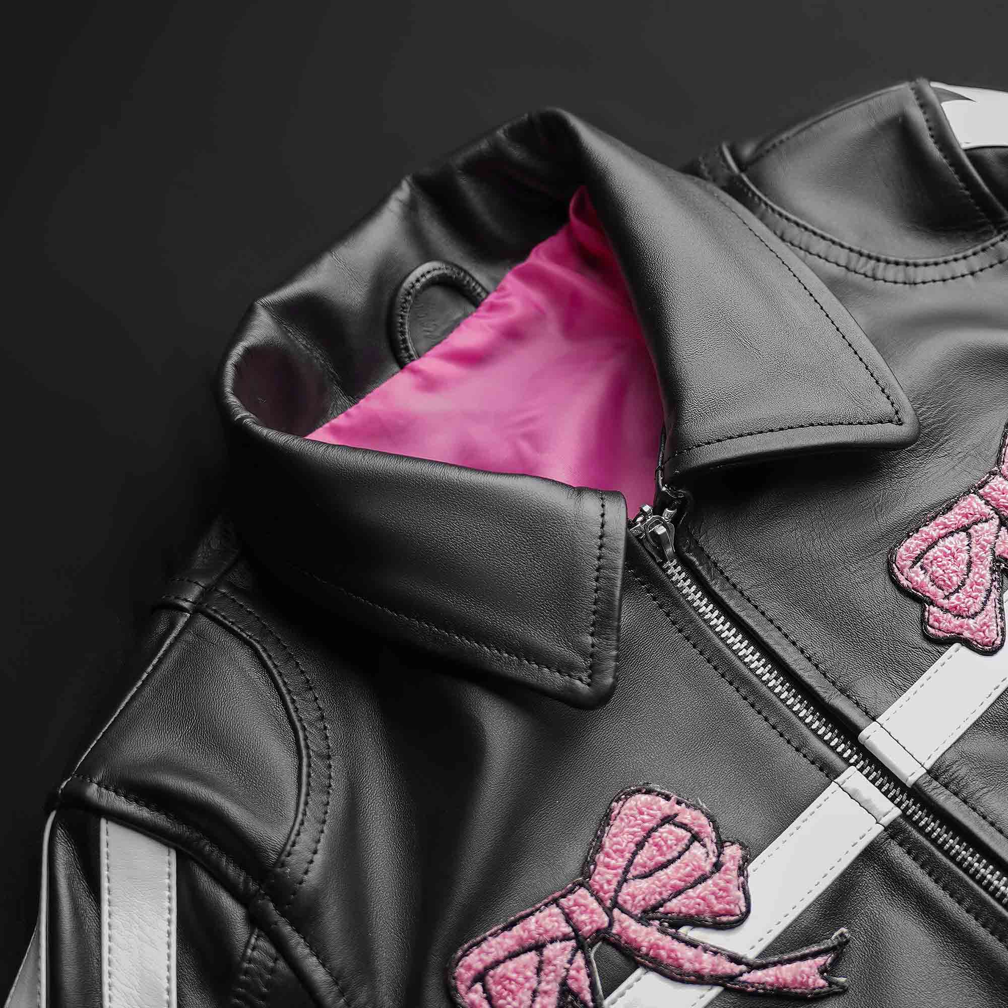 Cachee Cave Pink Ribbon Leather Jacket For Women's